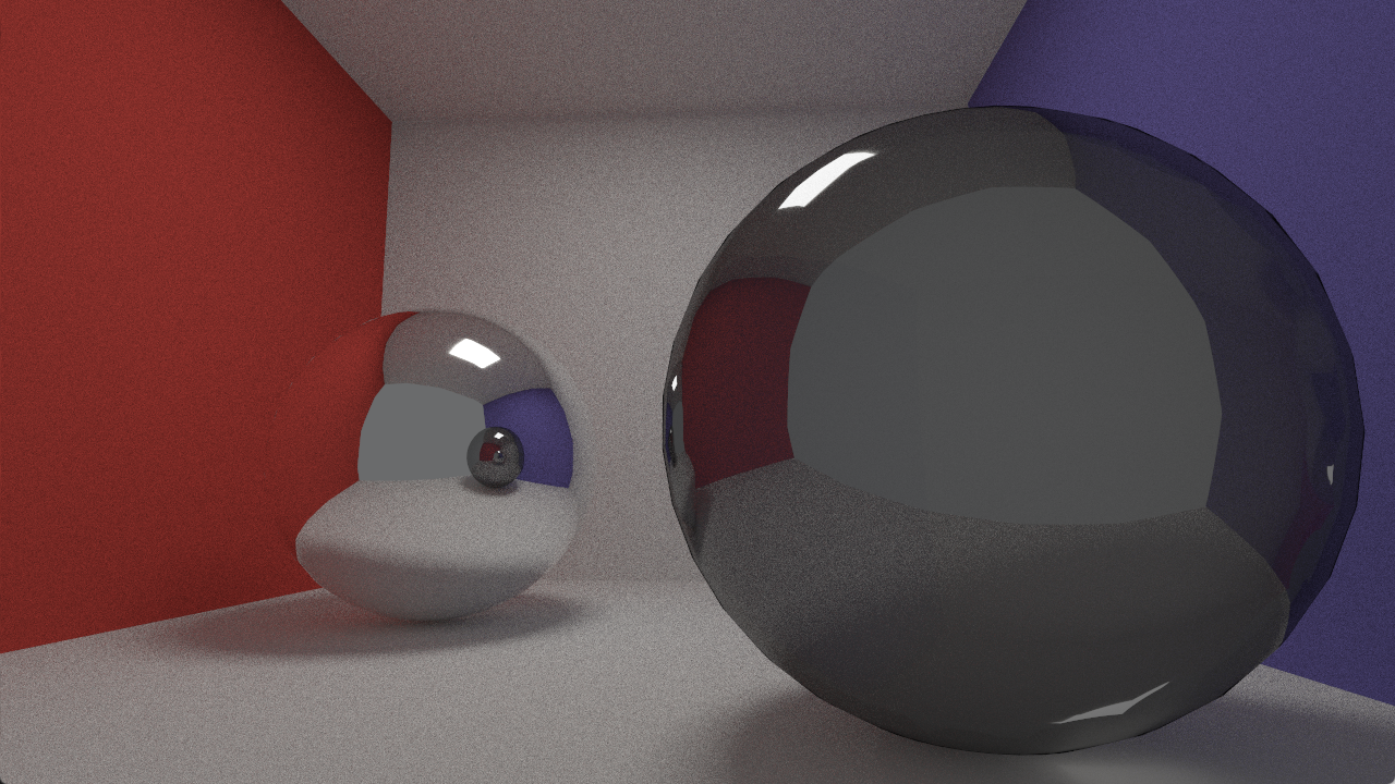 Figura 39: La esfera de la derecha refracta la luz al pasar por ella, adquiriendo en el proceso un color más oscuro. También podemos ver la esfera de la izquierda recursivamente, dentro del propio reflejo de la esfera.