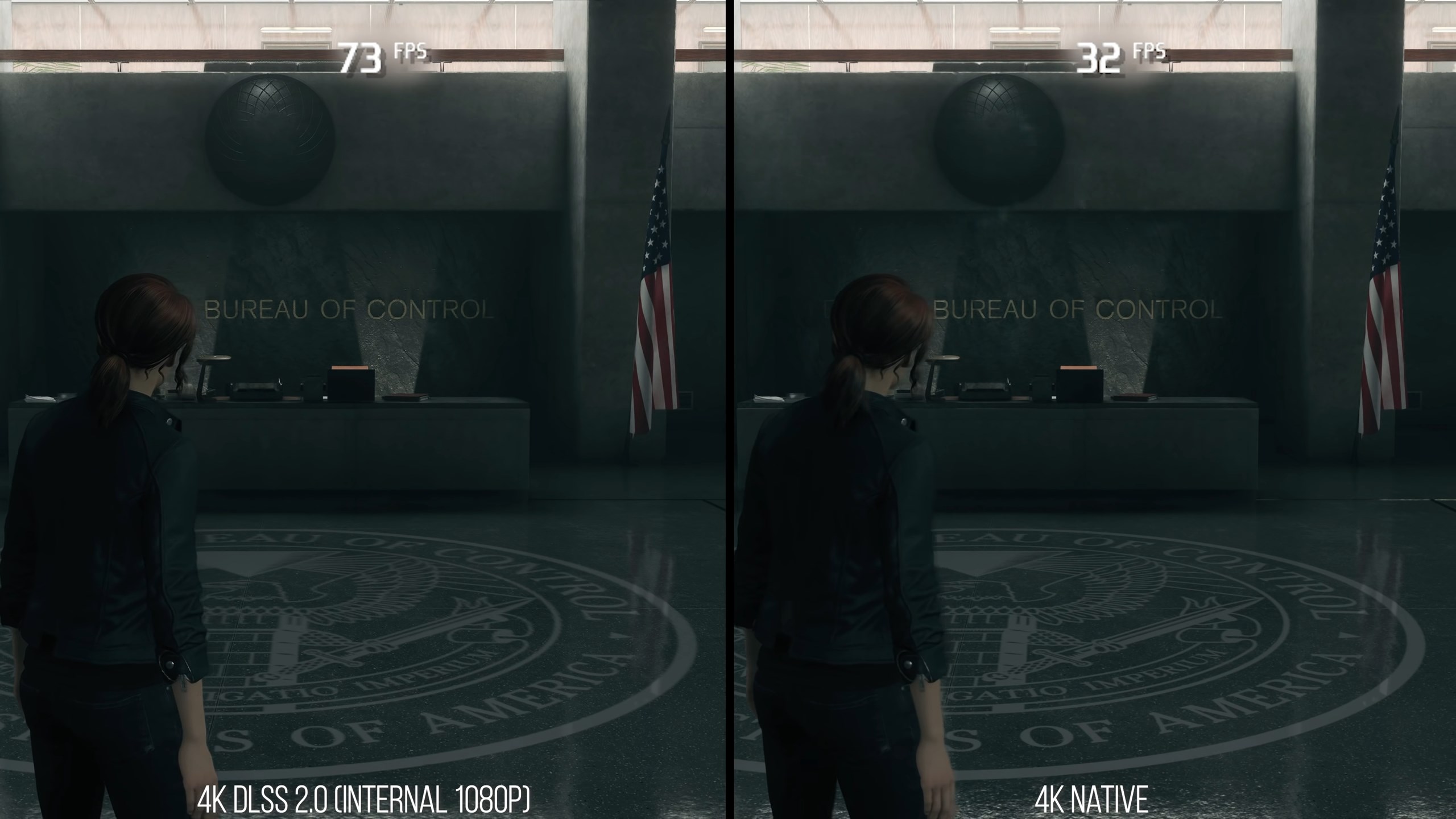 Figura 74: Control, de Remedy Games. Uno de los primeros videojuegos que integraron ray tracing en tiempo real basado en DX12. El rendimiento se llega a duplica al utilizar DLSS sin perder fidelidad de imagen. Fuente: Digital Foundry (2020a).   Izquierda: DLSS 2.0 con resolución interna a 1080p. Derecha: 4K nativo.