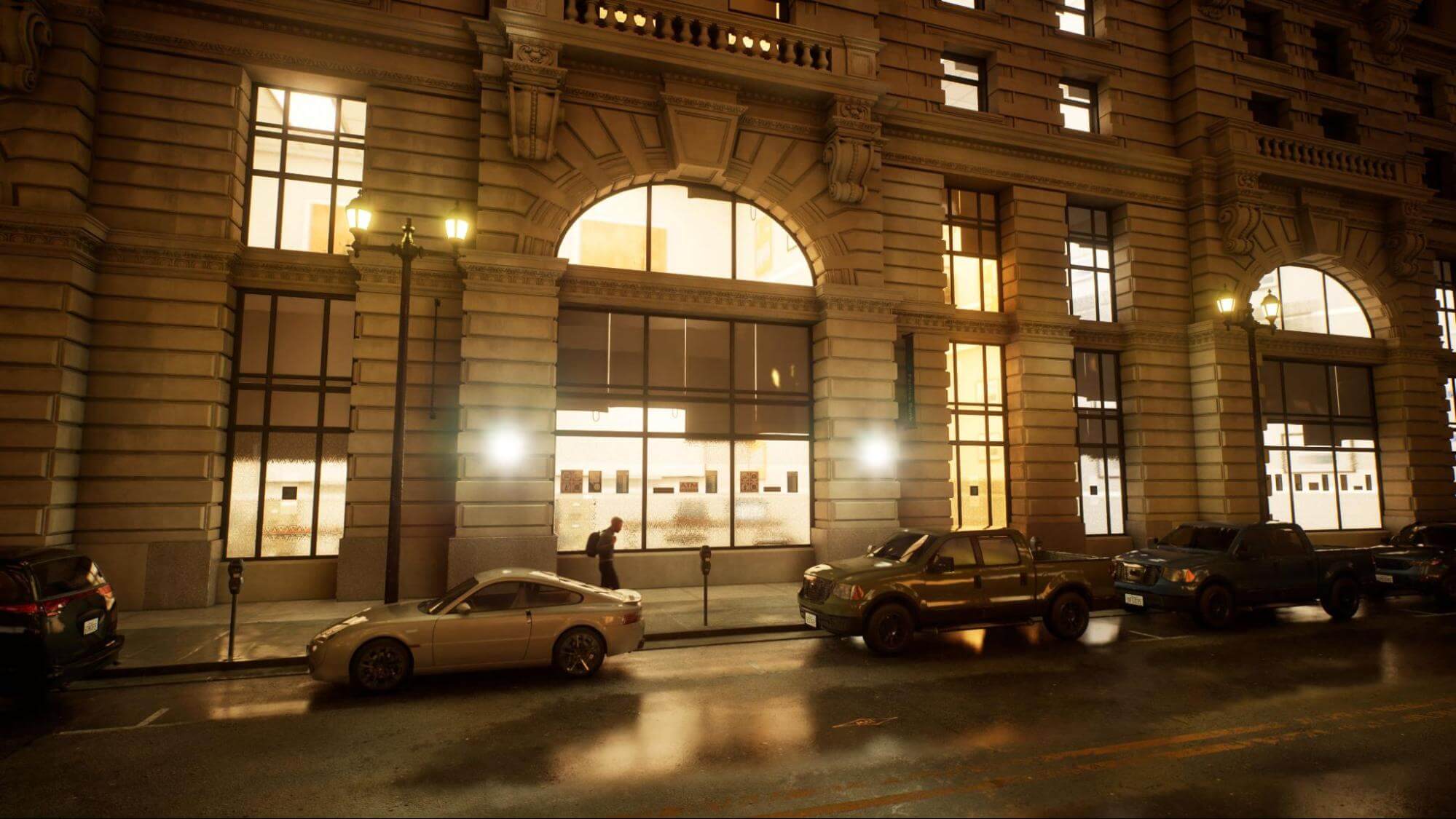 Figura 78: Una escena exterior con materiales emisivos en Unreal Engine 5. Fuente: Epic Games (2022b)